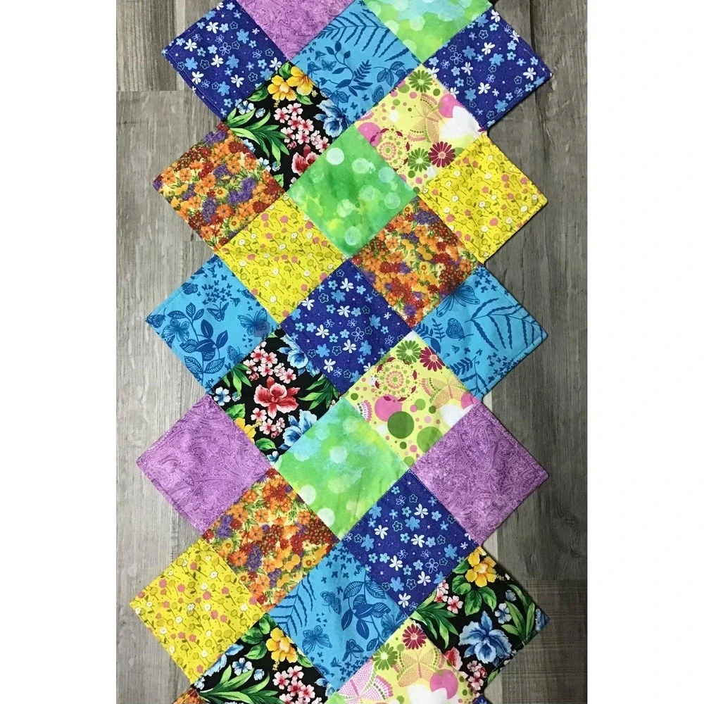 Handmade Quilted Patchwork Table Runner Floral Daisy Reversible 53x18 Farmhouse